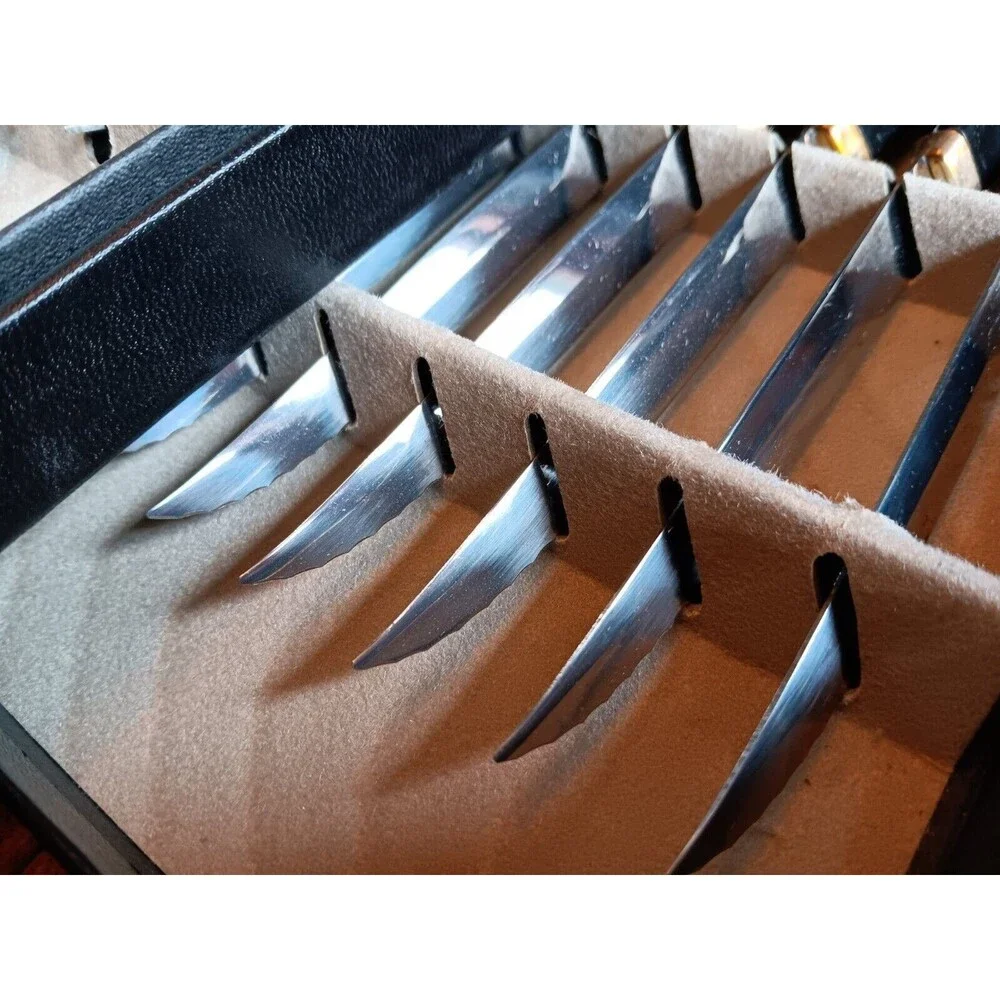 Vintage 1950 MCM Imperial Stainless 6 Carving Steak Knives & Meat Fork Set of 9